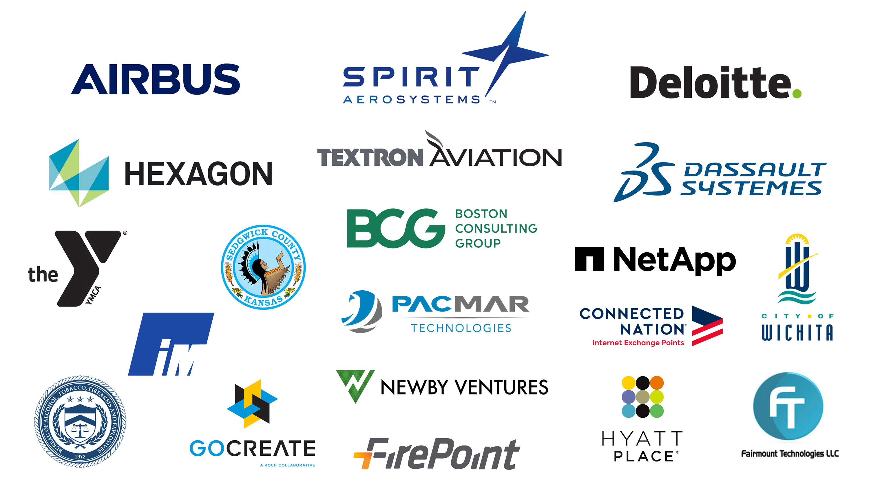 Partnership logos: Spirit Aerosystems, Fairmount Technologies LLC, Firepoint, Hexagon, Hyatt Place, GoCreate, Dassault Systems, Sedgwick County Kansas, Airbus, BCG, City of Wichita, Deloitte, NetApp, Martin Defense Group, The YMCA, Textron Aviation